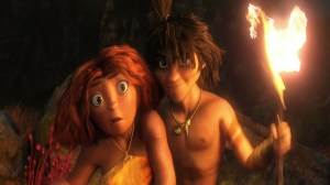 Eep (Emma Stone) and Guy (Ryan Reynolds) in The Croods