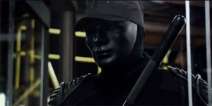 One of the Westworld-style prison guards in Escape Plan