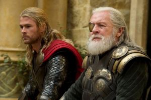 Thor (Chris Hemsworth) and Odin (Anthony Hopkins) share a father-son moment in Thor: The Dark World