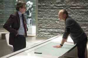 OmniCorp CEO Raymond Sellars (Michael Keaton) plots with Dr Dennett Norton (Gary Oldman) in RoboCop