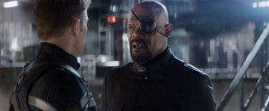 Cap (Chris Evans) expresses his concerns as to the direction S.H.I.E.L.D is taking to Nick Fury (Samuel L Jackson) in Captain America: The Winter Soldier