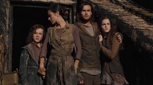 Noah's family, son Japheth (Leo McHugh Carroll), wife Naameh (Jennifer Connelly), son Shem (Douglas Booth) and adopted daughter Ila (Emma Watson) in Noah