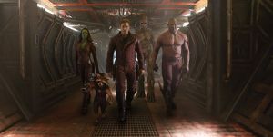 The A Team - Gamora (Zoe Saldana), Rocket (Bradley Cooper), Peter Quill (Chris Pratt), Groot (Vin Diesel) and Drax the Destroyer (Dave Bautista) in Guardians Of The Galaxy