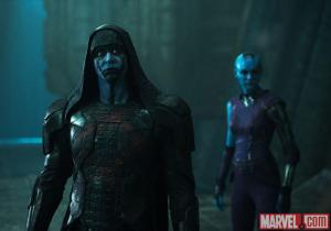 The evil Ronan the Accuser (Lee Pace) and his loyal lieutenant Nebula (Karen Gillan) in Guardians Of The Galaxy