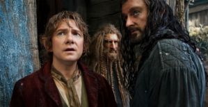 Bilbo Baggins (Martin Freeman) and Thorin Oakenshield (Richard Armitage) look worried in The Hobbit: The Battle Of The Five Armies