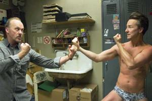 Riggan Thomson (Michael Keaton) goes toe-to-toe with method actor Mike Shiner (Edward Norton) in Birdman