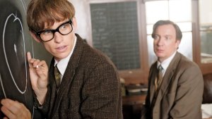 Stephen Hawking (Eddie Redmayne) makes a breakthrough in front of lecturer Dennis Sciama (David Thewlis) in The Theory Of Everything