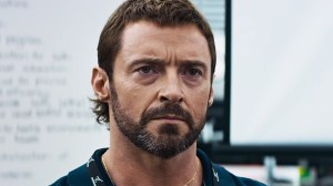 Vincent Moore (Hugh Jackman), a surefire Best Hair 2016 Oscar winner, in Chappie