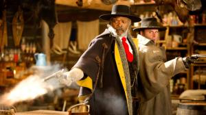 Gun-toting "Bounty Hunter" (Samuel L. Jackson) and "The Sheriff" (Walton Goggins) in The Hateful Eight